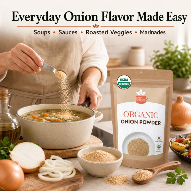 Puede incluir: Una bolsa color canela de cebolla en polvo Spicy Organic con un sello USDA Organic. La etiqueta presenta el texto Everyday Onion Flavor Made Easy, Soups, Sauces, Roasted Veggies, Marinades y Organic Onion Powder sobre una imagen del polvo.