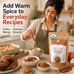 K&ouml;nnte beinhalten: Ein brauner Papierbeutel mit Bio-Zimt-Pulver und einem USDA Organic-Siegel. Das Etikett tr&auml;gt den Text Organic Cinnamon Powder. In der N&auml;he befinden sich Zimtstangen, Muffins, eine Sch&uuml;ssel Haferflocken und eine kleine Schale mit Zimtpulver.