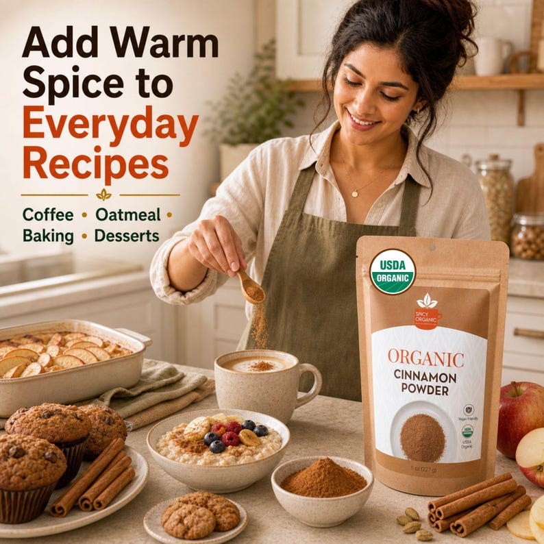 K&ouml;nnte beinhalten: Ein brauner Papierbeutel mit Bio-Zimt-Pulver und einem USDA Organic-Siegel. Das Etikett tr&auml;gt den Text Organic Cinnamon Powder. In der N&auml;he befinden sich Zimtstangen, Muffins, eine Sch&uuml;ssel Haferflocken und eine kleine Schale mit Zimtpulver.