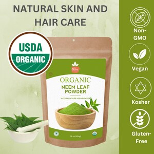 May include: A brown paper bag with a white label that reads "Organic Neem Leaf Powder" and "Naturally Pure Neem Powder". The bag is sitting on a green background with several icons indicating that the product is USDA Organic, Non-GMO, Vegan, Kosher, and Gluten-Free. The bag contains 16 ounces (454 grams) of powder.