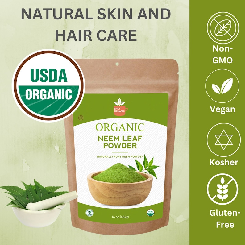 May include: A brown paper bag with a white label that reads "Organic Neem Leaf Powder" and "Naturally Pure Neem Powder". The bag is sitting on a green background with several icons indicating that the product is USDA Organic, Non-GMO, Vegan, Kosher, and Gluten-Free. The bag contains 16 ounces (454 grams) of powder.