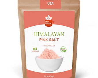 May include: A brown paper bag with a label that says "PACKED IN USA" and "HIMALAYAN PINK SALT". The label also says "PURE PINK SALT", "84 MINERALS", and "100% NATURAL". The bag contains a white bowl filled with pink Himalayan salt. The label also says "16oz (454g)".