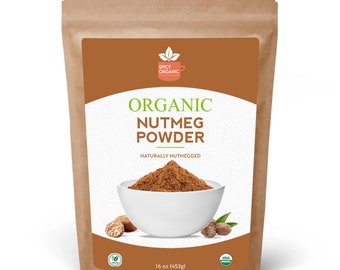 May include: A brown paper bag of organic nutmeg powder. The bag features a white label with green text that reads "Organic Nutmeg Powder." A white bowl filled with brown powder is in the center. The bag also displays the text "16 oz (453g)."