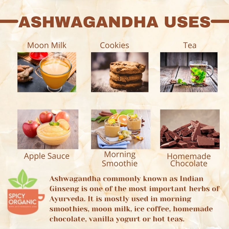 May include: A graphic showing different ways to use Ashwagandha, an adaptogenic herb. The graphic shows images of moon milk, cookies, tea, apple sauce, a smoothie, and homemade chocolate. The text reads "Ashwagandha commonly known as Indian Ginseng is one of the most important herbs of Ayurveda. It is mostly used in morning smoothies, moon milk, ice coffee, homemade chocolate, vanilla yogurt or hot teas."