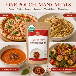 Op de afbeelding: Een bruin zakje met biologische gemalen rode chilipeper met een wit etiket en een USDA Organic-zegel. De tekst luidt ONE POUCH. MANY MEALS. Pizza, Pasta, Soups, Sauces, Vegetables, Marinades. Afbeeldingen tonen pizza, pasta, soep en groenten.