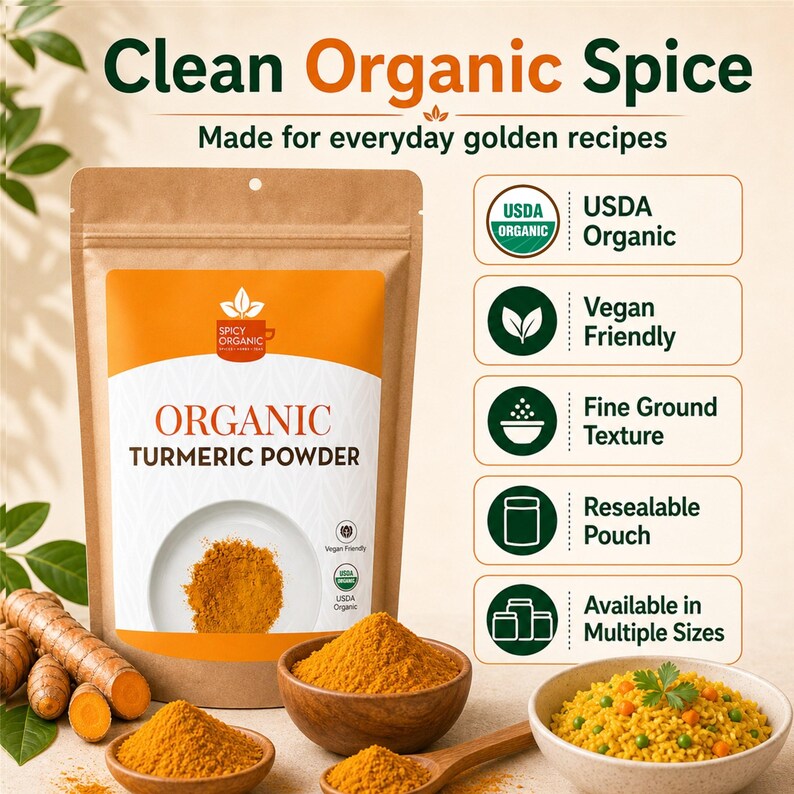 May include: A brown resealable pouch of Spicy Organic Turmeric Powder with a white label featuring a pile of yellow powder. Text includes Clean Organic Spice, Made for everyday golden recipes, USDA Organic, Vegan Friendly, Fine Ground Texture.