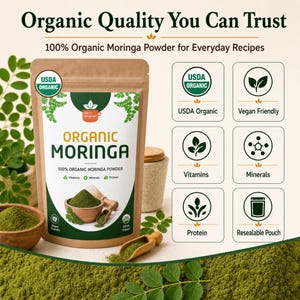 Organic Moringa Leaf Powder from India | USDA Certified, Non-GMO | For Smoothies, Green Lattes, Soups & Baking | Resealable Kraft Pouch image 7