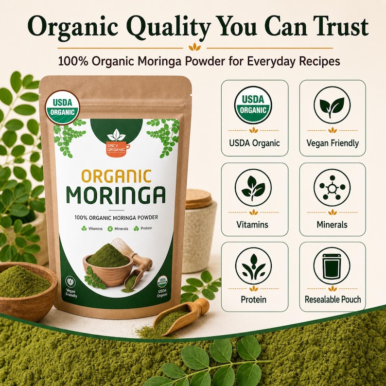 Organic Moringa Leaf Powder from India | USDA Certified, Non-GMO | For Smoothies, Green Lattes, Soups & Baking | Resealable Kraft Pouch image 7