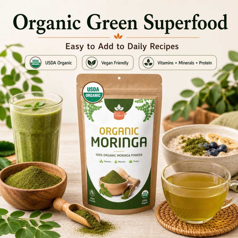 Organic Moringa Leaf Powder from India | USDA Certified, Non-GMO | For Smoothies, Green Lattes, Soups & Baking | Resealable Kraft Pouch image 8