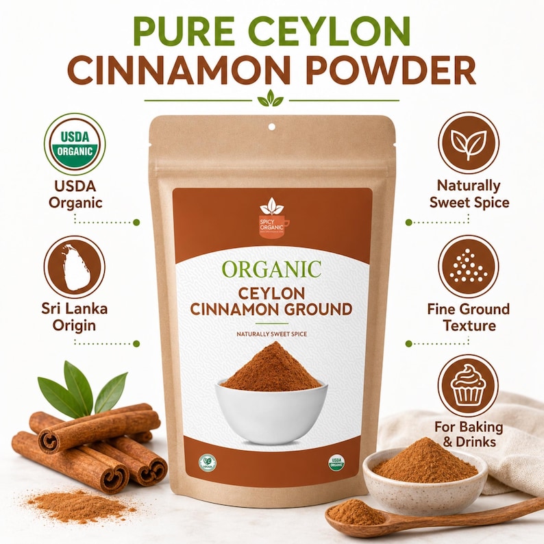 Peut inclure: Un sachet en papier brun de poudre de cannelle de Ceylan pure avec une &eacute;tiquette indiquant Organic Ceylon Cinnamon Ground. L'emballage pr&eacute;sente des ic&ocirc;nes USDA Organic, origine Sri Lanka, et usage pour p&acirc;tisserie et boissons, avec des b&acirc;tons.