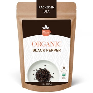 Organic Whole Black Peppercorns - Certified USDA Organic Black Pepper Seasoning for Cooking - Fresh Piper Nigrum Spices for Pepper Grinder
