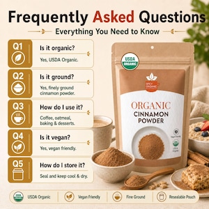 K&ouml;nnte beinhalten: Ein brauner, wiederverschlie&szlig;barer Beutel mit Bio-Zimt-Pulver und einem Etikett mit der Aufschrift Spicy Organic. Neben dem Beutel befinden sich h&auml;ufig gestellte Fragen, eine kleine Schale mit Zimtpulver, ein Holzl&ouml;ffel und ein Geb&auml;ck.