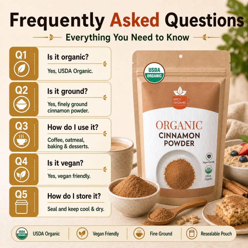 K&ouml;nnte beinhalten: Ein brauner, wiederverschlie&szlig;barer Beutel mit Bio-Zimt-Pulver und einem Etikett mit der Aufschrift Spicy Organic. Neben dem Beutel befinden sich h&auml;ufig gestellte Fragen, eine kleine Schale mit Zimtpulver, ein Holzl&ouml;ffel und ein Geb&auml;ck.
