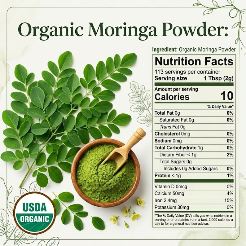 May include: Organic Moringa Powder with a nutrition facts label listing 113 servings per container, 10 calories per 1 Tbsp (2g) serving, and a USDA Organic seal. A wooden bowl contains green powder with a wooden scoop, next to fresh green leaves.