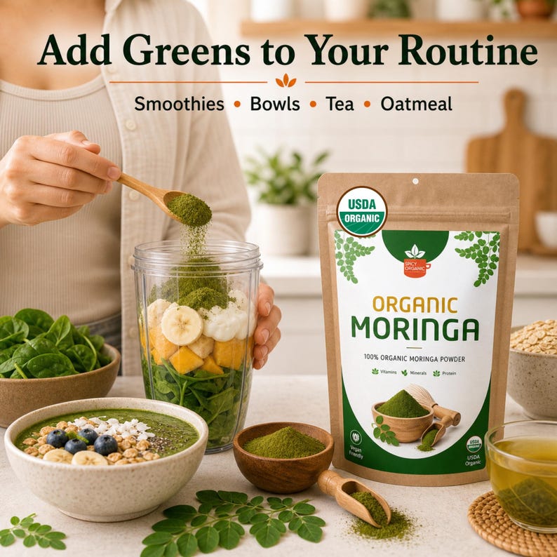 May include: A brown pouch of organic moringa powder with a white label featuring green text and graphics. The label reads Organic Moringa, 100% Organic Moringa Powder, and USDA Organic. The pouch is shown alongside a bowl of smoothie, a wooden spoon, and a small wooden bowl containing the green powder.