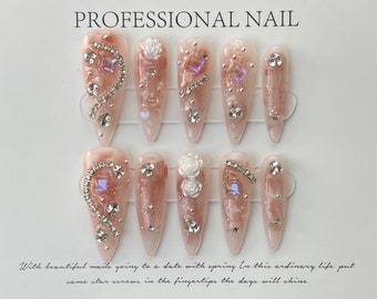 Pink press on nails/ 3D Camellia flower and Jewelry removable nails