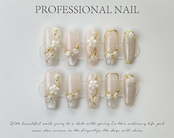 French style 3D flower press on nails