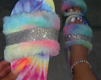 rainbow fur slides with strap