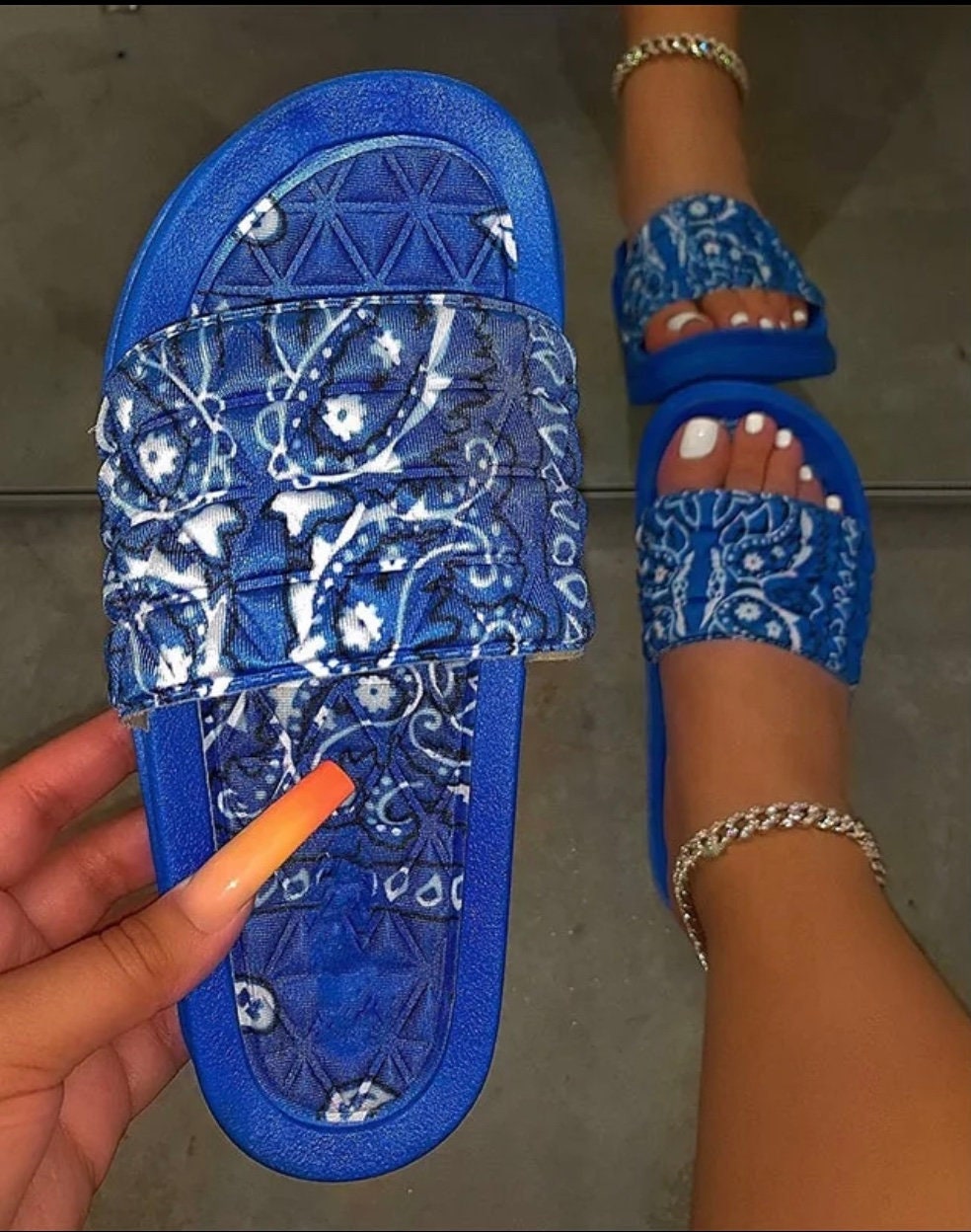 blue bandana slides mens