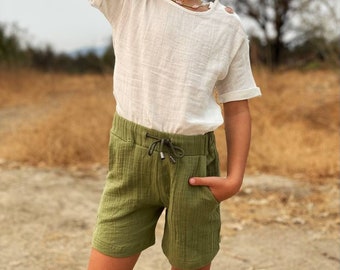 Organic muslin shorts, muslin shorts for boys, Kids summer shorts, mustard muslin Shorts for Kids