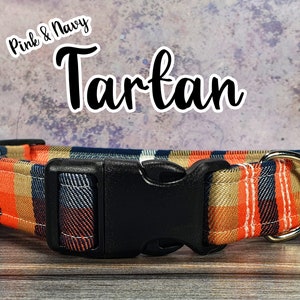 Pink and Navy Tartan Dog Collar | Adjustable | Metal Buckle | Plastic Side Release | Puppy