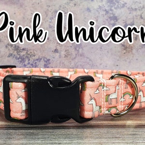 Pink Unicorns and Rainbows Dog Collar | Adjustable | Metal Buckle | Plastic Side Release | Puppy