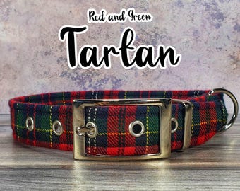 Red and Green Tartan Dog Collar | Adjustable | Metal Buckle | Plastic Side Release | Puppy