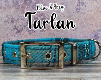 Blue & Grey Tartan Dog Collar | Adjustable | Metal Buckle | Plastic Side Release | Puppy Dog Collar