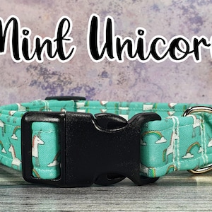 Mint Green Unicorns and Rainbows Dog Collar | Adjustable | Metal Buckle | Plastic Side Release | Puppy