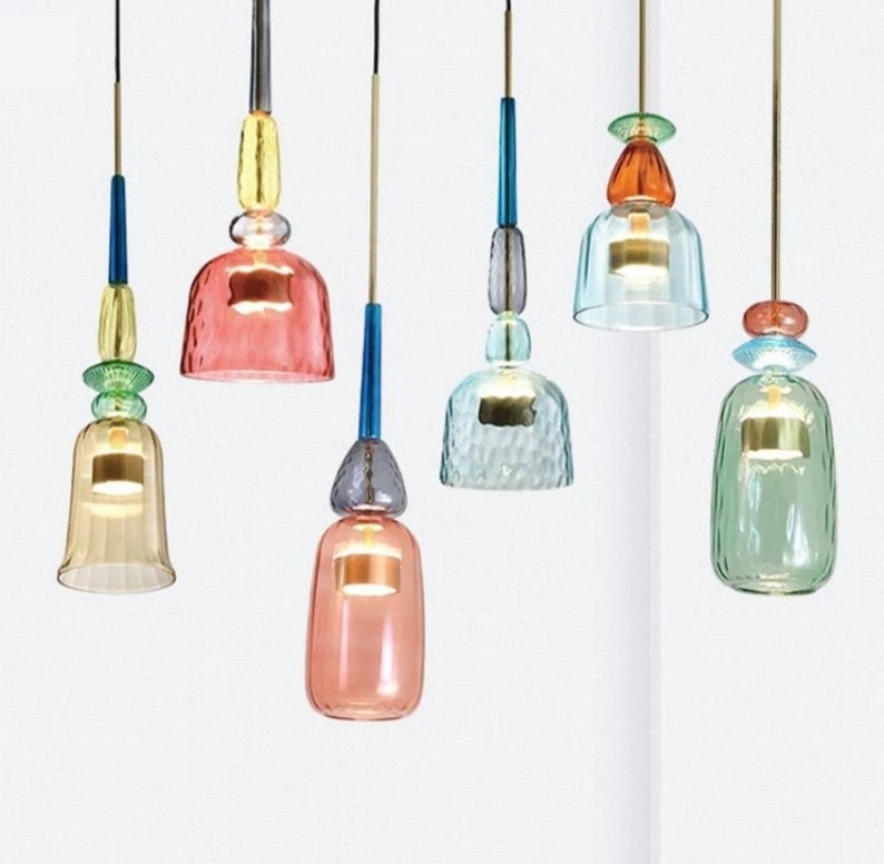 Lampe à suspension nordique créative macaron en verre bonbon coloré Restaurant Bar chambre d'enfants Led lustre moderne décoration d'intérieur lumières image 3