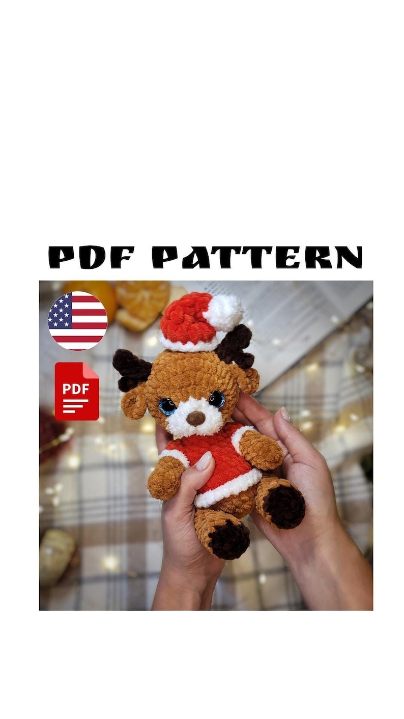 May include: A crochet pattern for a brown and white reindeer wearing a red and white Santa hat. The pattern is available as a PDF download.