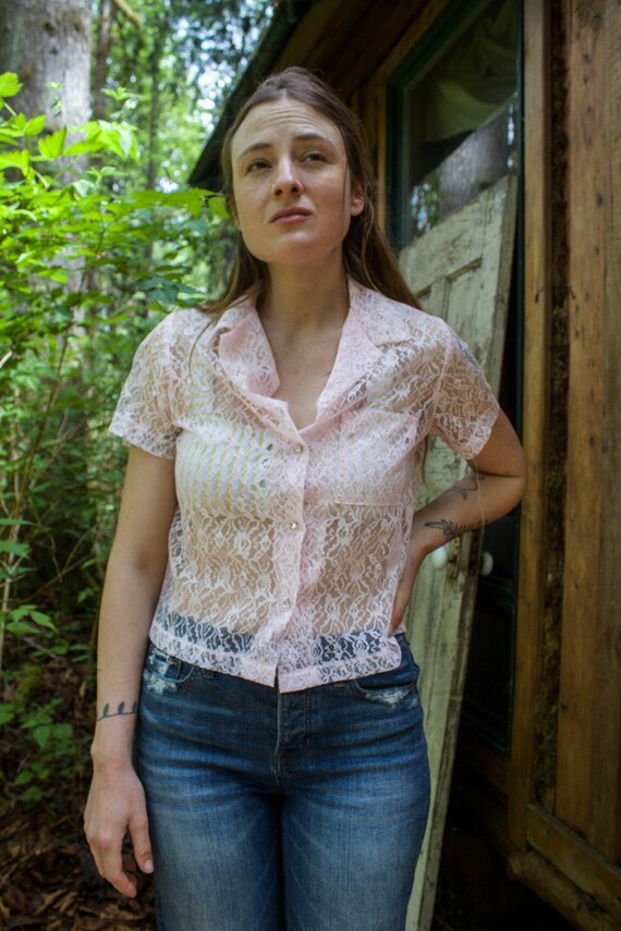 Vintage Pink Lace Blouse with Rhinestone Buttons