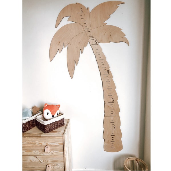 Tableau de croissance des palmiers Tableau de hauteur Safari kids Tableau de croissance de la famille Décor neutre sur le thème de la plage Pépinière de jungle Règle de bois personnalisée