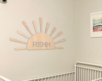 Half sun name sign for nursery Clouds personalized sign Sun wall sign Half sun Boho sun nursery decor Sunshine Sunrise Custom nursery decor