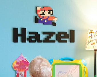 Letrero con nombre de Super Mario, decoración de madera para guardería de Mario, letrero de puerta personalizado, decoración de sala de juegos, letrero con apellido inspirado en Mario, arte de pared de Super Mario, regalo