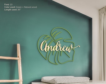 Leaf nursery decor Monstera name sign Nature nursery Forest plants botanical nursery sign Woodland personalized wall decor Baby room decor