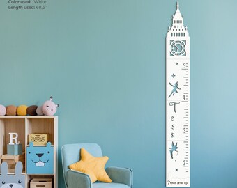 May include: White wooden growth chart featuring a silhouette of Big Ben with a clock face and a Tinkerbell design. The chart includes a ruler with measurements in inches and the text "Never grow up".