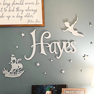 Peter Pan nursery decor Peter Pan baby nursery Personalized nursery name sign Baby room decor Custom wood sign Kids room Cartoon wall art