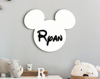 Houten Mickey Mouse Disney-stijl gepersonaliseerd muurbord Mickey Mouse oren Minnie Mouse Disney themanaam Mickey of Minnie naam houten bord