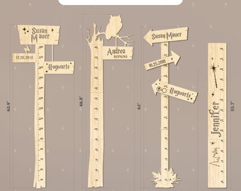 May include: Three wooden growth charts with personalized names and dates. The charts feature a Hogwarts theme with a sign that says "Hogwarts" and a wizard's hat. The charts are 62.9 inches tall, 66.8 inches tall, and 55.7 inches tall. The charts are 23.6 inches wide, 18.7 inches wide, and 7.2 inches wide.