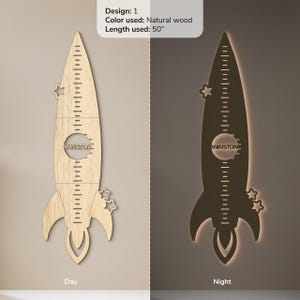 Personalized rocket wooden LED growth chart Height Ruler night light Wall growth chart Rocket nursery decor Space growth ruler for nursery