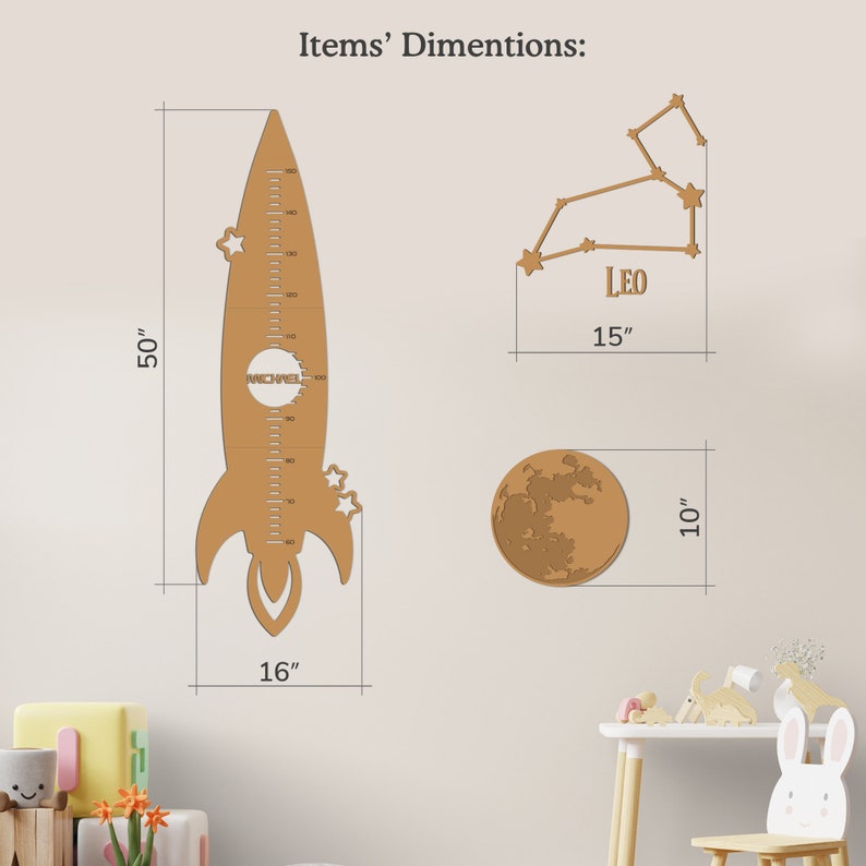 May include: A wooden rocket ship height chart with a personalized name, a wooden moon, and a wooden constellation of Leo. The rocket ship is 50 inches tall and 16 inches wide. The moon is 10 inches in diameter. The constellation is 15 inches wide.