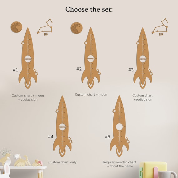 Personalized rocket growth chart Nursery growth ruler Constellation kidsroom decor Space baby gift Moon height chart Rocket height ruler