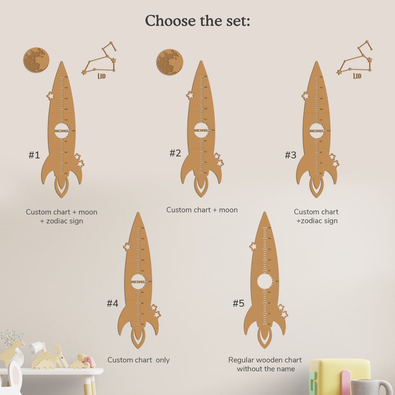 May include: Five different options for a wooden rocket ship growth chart. The chart can be customized with a name, moon, and zodiac sign. Option #5 is a regular wooden chart without a name.