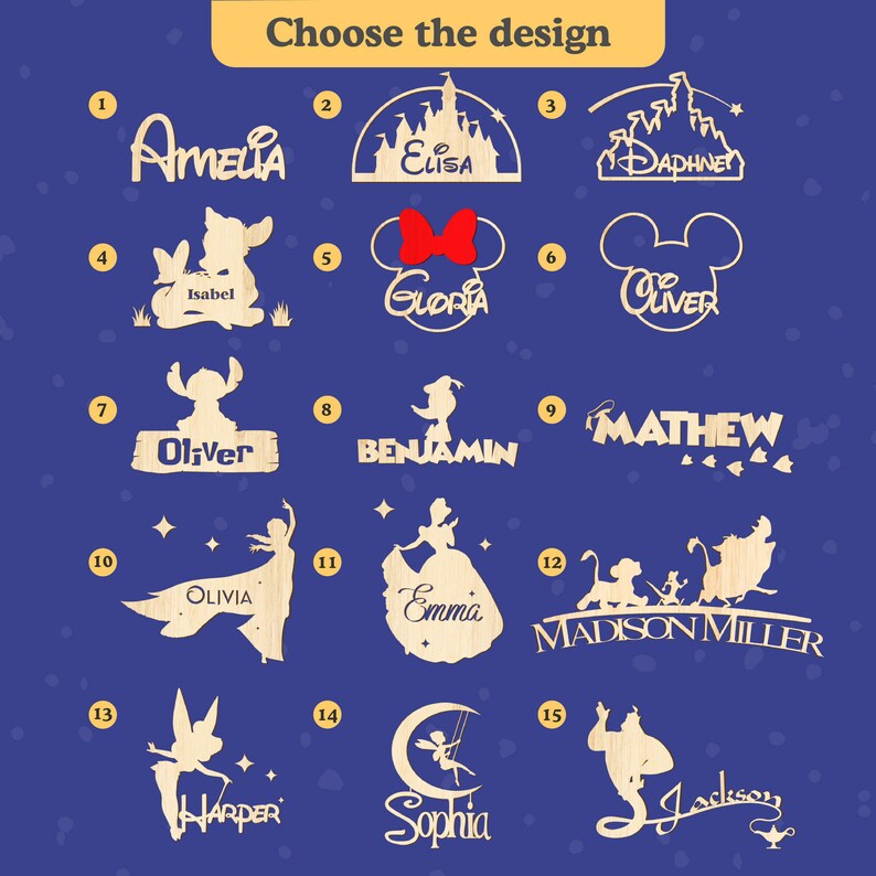 May include: A collection of 15 wooden cutouts featuring various Disney characters and names. The cutouts are arranged in a grid pattern on a blue background. The names include Amelia, Elisa, Daphne, Isabel, Gloria, Oliver, Benjamin, Mathew, Olivia, Emma, Madison Miller, Harper, Sophia, and Jackson.