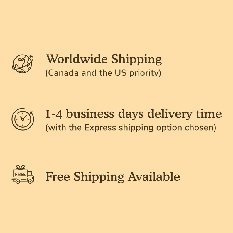 K&ouml;nnte beinhalten: Illustration einer Weltkugel, einer Uhr und eines Lastwagens mit einem Geschenkpaket oben drauf. Der Text lautet "Weltweiter Versand (Kanada und die USA Priorit&auml;t)", "Lieferzeit 1-4 Werktage (mit der gew&auml;hlten Express-Versandoption)" und "Kostenloser Versand verf&uuml;gbar".