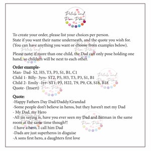 May include: A printable order form for custom-made father's day gifts. The form includes a list of options for customizing the gift, such as the type of pose, the age of the child, and a quote. The form also includes a logo for "Petals and Pom Poms".