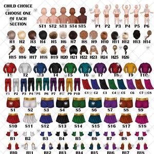 May include: A chart with various options for customizing a superhero character. The chart includes options for hair, skin tone, clothing, and accessories. The text on the chart reads "Child Choice, Choose One of Each Section".