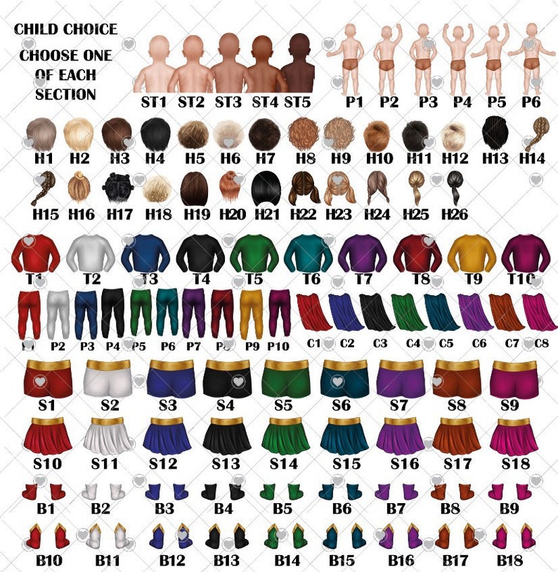 May include: A chart with various options for customizing a superhero character. The chart includes options for hair, skin tone, clothing, and accessories. The text on the chart reads "Child Choice, Choose One of Each Section".