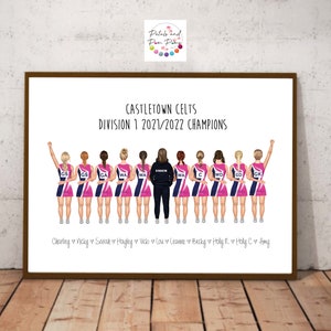 Team print, sports team picture, bespoke, clip art, coach gift, netball team, football team, hockey, volleyball, cheerleading, basketball image 1